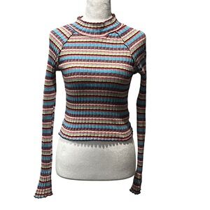 Free People Mirror Striped Tee Mock Ruffle Cropped Long Sleeve Top Small Retro